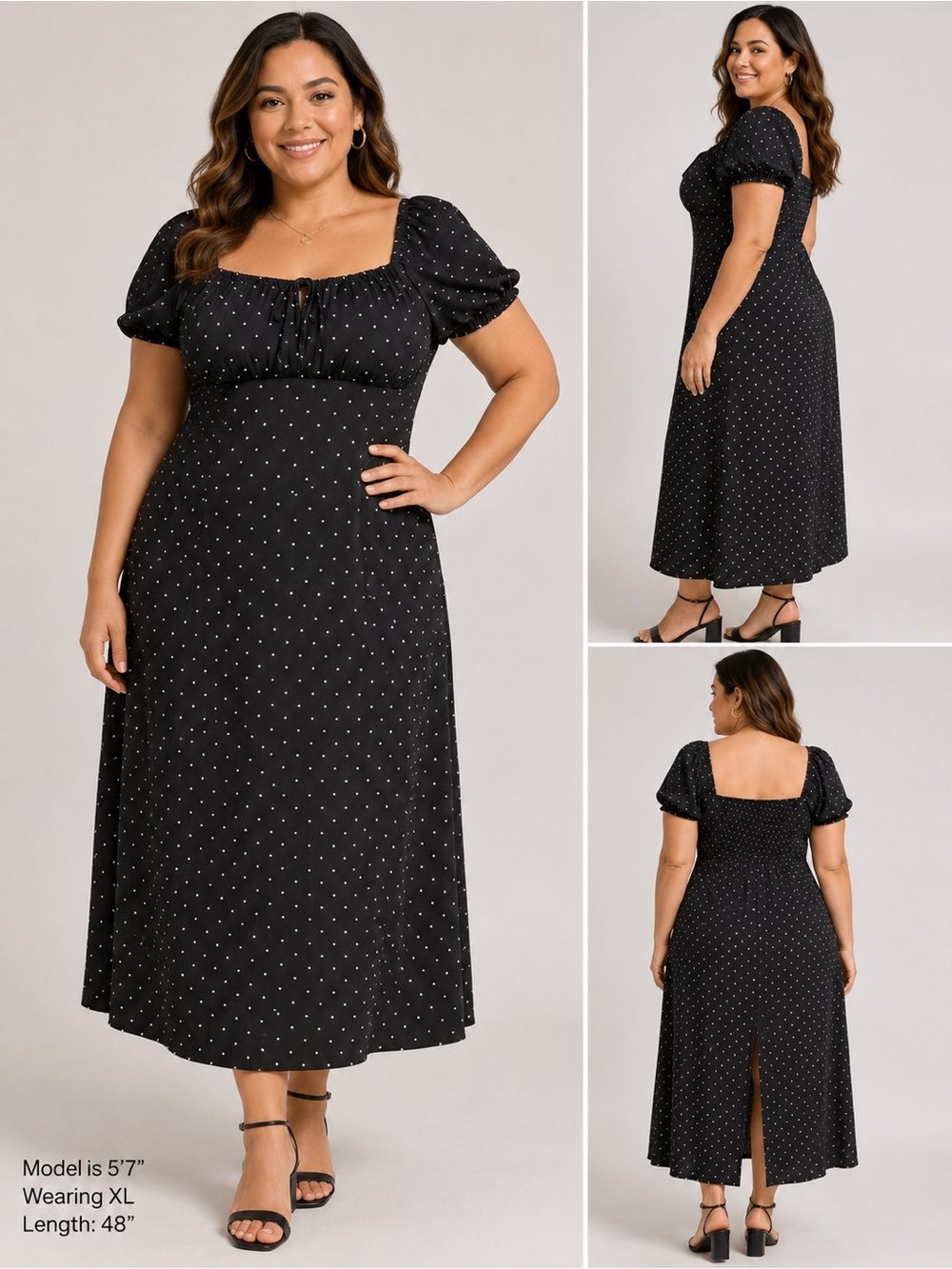 H&M Black Polka Dot Puff Sleeve Midi Dress XL